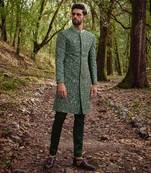 Olive green silk sherwani set