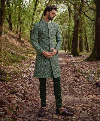 Olive green silk sherwani set 2
