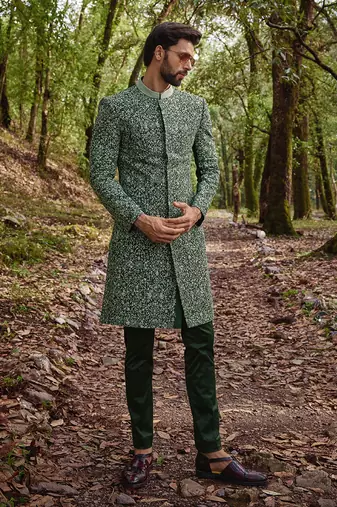 Olive green silk sherwani set