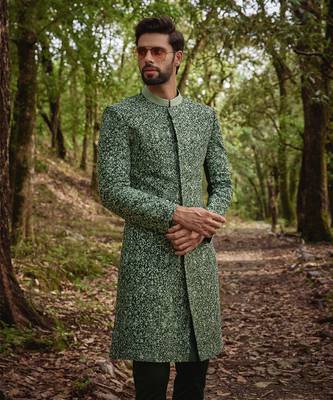 Olive green silk sherwani set 3
