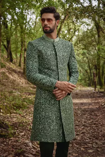 Olive green silk sherwani set