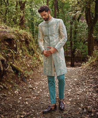 Pastel blue  silk floral mosaic sherwani set 1