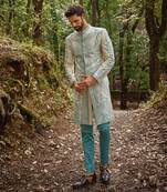 Pastel blue  silk floral mosaic sherwani set