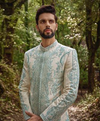 Pastel blue  silk floral mosaic sherwani set 3