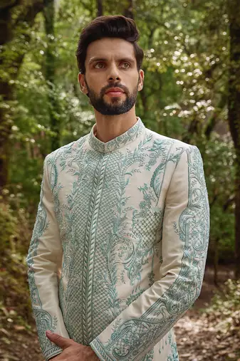 Pastel blue  silk floral mosaic sherwani set