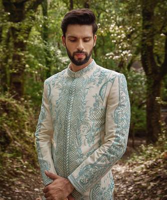 Pastel blue  silk floral mosaic sherwani set 4