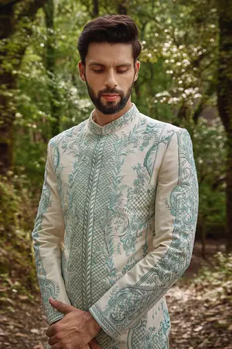 Pastel blue  silk floral mosaic sherwani set