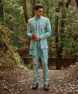 Caded blue  silk dandelion sherwani set 1