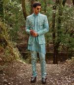 Caded blue  silk dandelion sherwani set