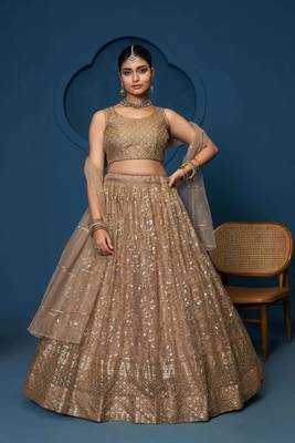 Graceful soft net Fabric Sequins zari embroidery work brown Lehenga For Festival 1