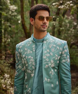Caded blue  silk dandelion sherwani set 2