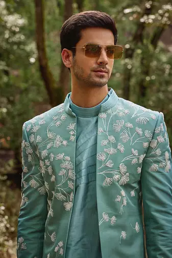 Caded blue  silk dandelion sherwani set