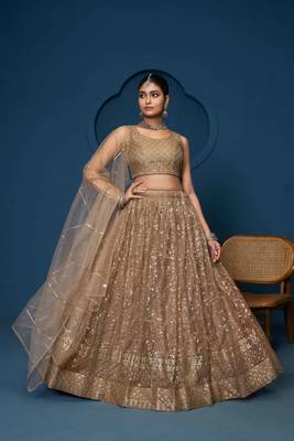 Graceful soft net Fabric Sequins zari embroidery work brown Lehenga For Festival 2