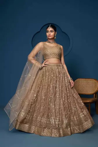 Graceful soft net Fabric Sequins zari embroidery work brown Lehenga For Festival