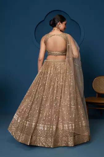 Graceful soft net Fabric Sequins zari embroidery work brown Lehenga For Festival
