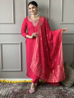 Women Red Chanderi Silk Embroidered Kurta Pant Dupatta Set 1