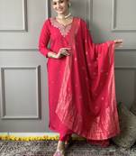 Women Red Chanderi Silk Embroidered Kurta Pant Dupatta Set