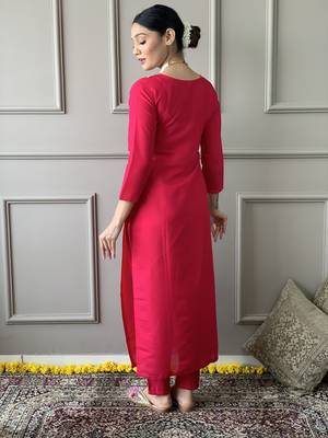 Women Red Chanderi Silk Embroidered Kurta Pant Dupatta Set 2