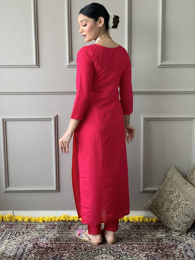 Women Red Chanderi Silk Embroidered Kurta Pant Dupatta Set