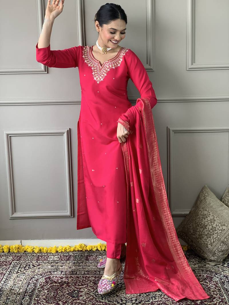 Women Red Chanderi Silk Embroidered Kurta Pant Dupatta Set