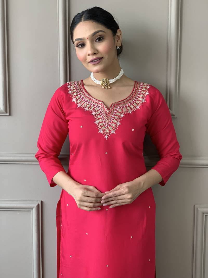 Women Red Chanderi Silk Embroidered Kurta Pant Dupatta Set