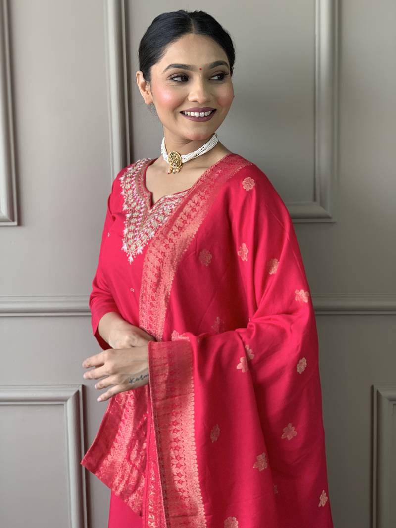 Women Red Chanderi Silk Embroidered Kurta Pant Dupatta Set