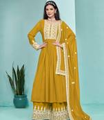 Mustard embroidered faux georgette semi stitched salwar suit