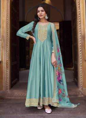 Blue soft silk embroidered semi stitched anarkali dupatta 1