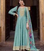Blue soft silk embroidered semi stitched anarkali dupatta
