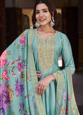 Blue soft silk embroidered semi stitched anarkali dupatta 2