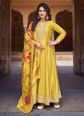 Yellow soft silk embroidered semi stitched anarkali dupatta 1