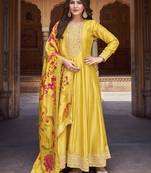 Yellow soft silk embroidered semi stitched anarkali dupatta