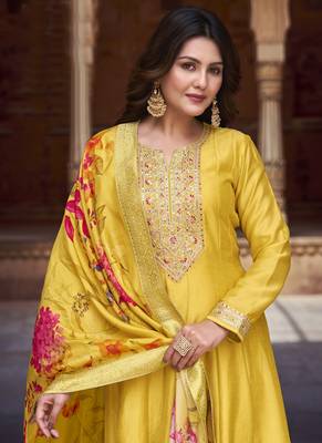 Yellow soft silk embroidered semi stitched anarkali dupatta 2