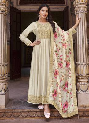 Cream soft silk embroidered semi stitched anarkali dupatta 1