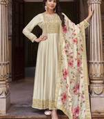 Cream soft silk embroidered semi stitched anarkali dupatta