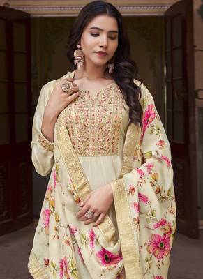 Cream soft silk embroidered semi stitched anarkali dupatta 2