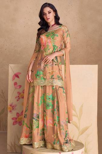 Digital printed chinon silk pakistani suit in peach