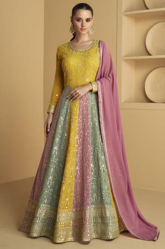 Embroidered georgette abaya style suit in mustard and multicolor