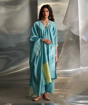 Powder blue embroidered chanderi kurta set 1