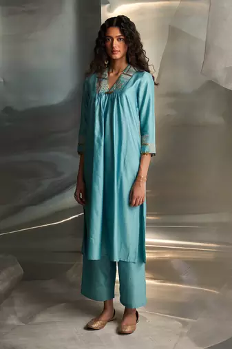 Powder blue embroidered chanderi kurta set