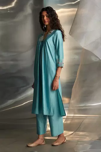 Powder blue embroidered chanderi kurta set