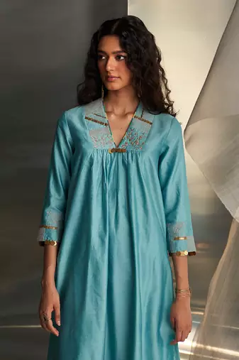 Powder blue embroidered chanderi kurta set