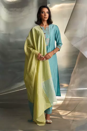 Powder blue embroidered chanderi kurta set