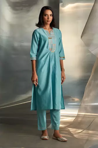 Powder blue embroidered chanderi kurta set
