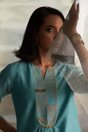 Powder blue embroidered chanderi kurta set