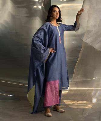 Berry blue embroidered chanderi kurta set 1