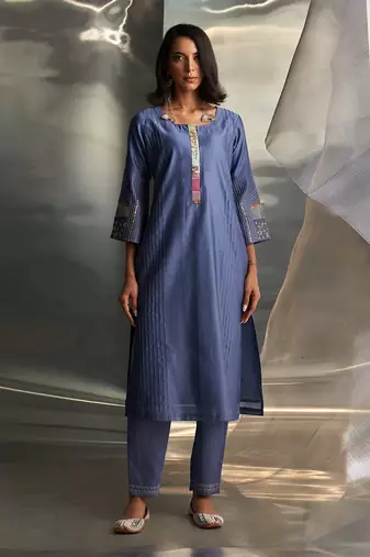 Berry blue embroidered chanderi kurta set