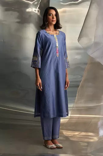 Berry blue embroidered chanderi kurta set