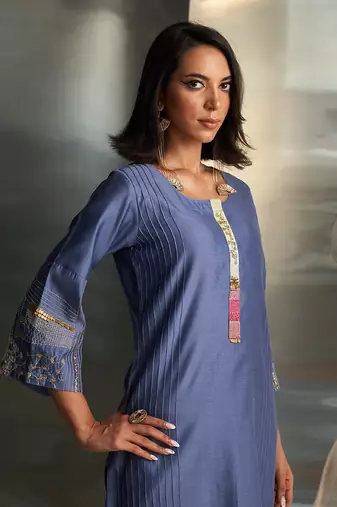 Berry blue embroidered chanderi kurta set