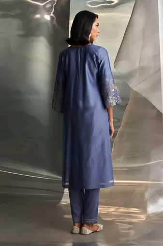 Berry blue embroidered chanderi kurta set